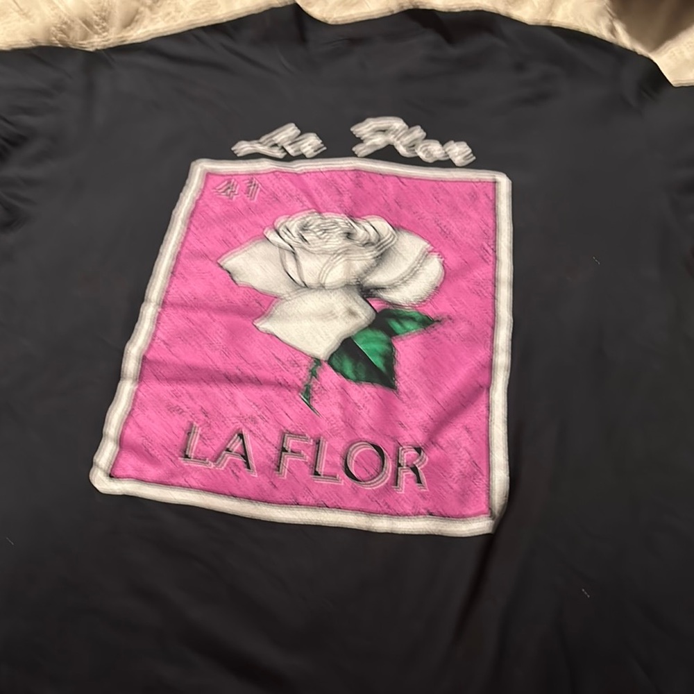 Black T-Shirt with Pink and White Rose Design